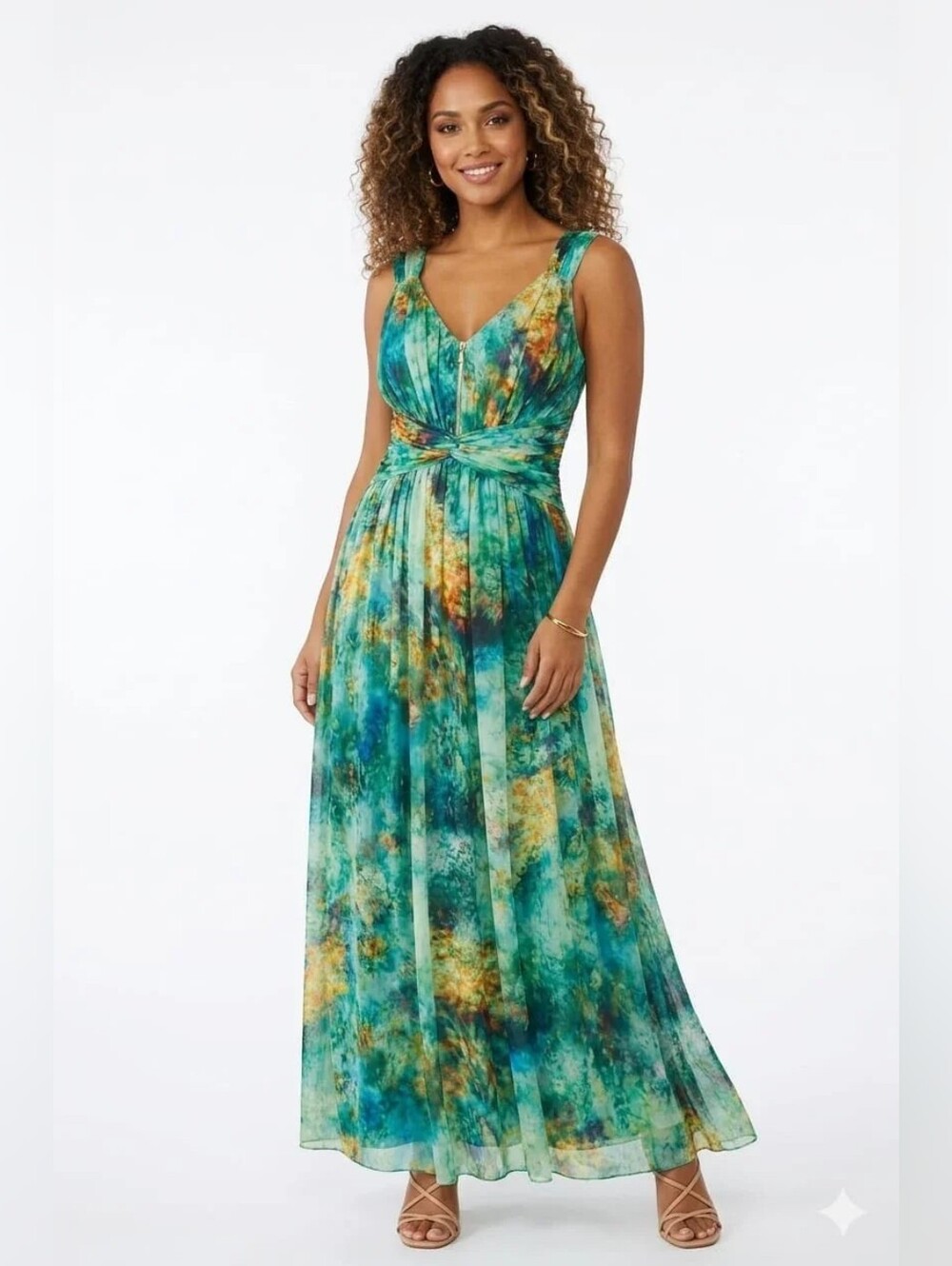 London Times Teal & Gold Watercolor Twist-Waist Maxi Dress